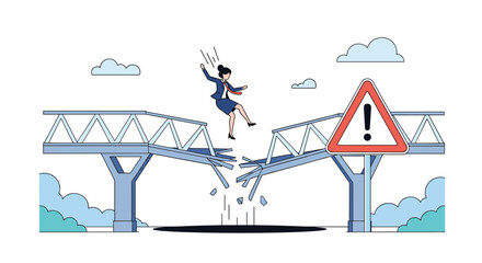 A businesswoman falls from a broken bridge with a warning sign nearby symbolizing danger and failure