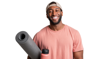 Smiling man holding yoga mat and water bottle, ideal for fitness and wellness concepts.