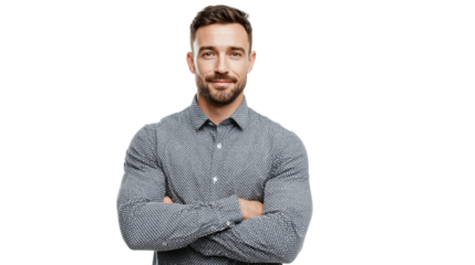 Smiling man in a gray shirt with crossed arms, isolated on white background.