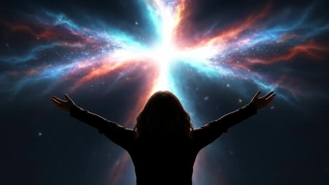 Woman Reaching for Celestial Cross - A silhouetted woman with arms outstretched stands before a vibrant, cosmic cross formed from nebulae and starlight.