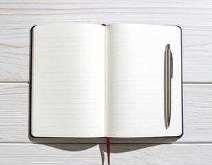 Open journal with minimalist pen on light wooden table, illuminated by soft natural light, peaceful...