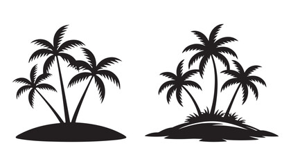 Fototapeta premium Silhouette Palm Trees Icon Set on an Island with Reflections