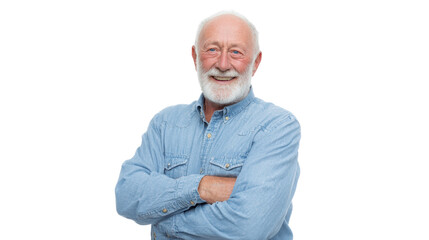 Obraz premium Smiling older man with gray beard wearing denim shirt, arms crossed, white isolated background.