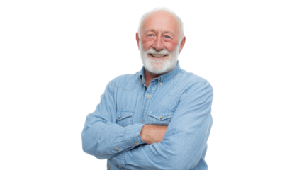 Smiling older man with gray beard wearing denim shirt, arms crossed, white isolated background.