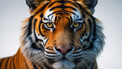 Obraz premium Close-up of a tiger's face with yellow eyes and distinctive black and orange stripes. Majestic and powerful wild animal. Nature and wildlife photography.