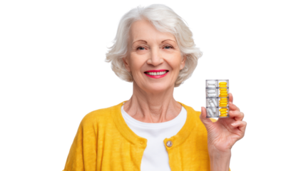 Smiling senior woman holding a box of medications, wearing a yellow cardigan, isolated on white background.
