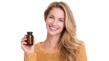 Smiling woman holding a supplement bottle, wearing a cozy sweater, isolated on white background.
