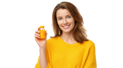 Smiling woman in yellow sweater holding a jar of vitamins with cheerful expression and white isolate background.