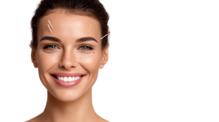 Smiling woman with acupuncture needles on face, promoting wellness and beauty treatments.