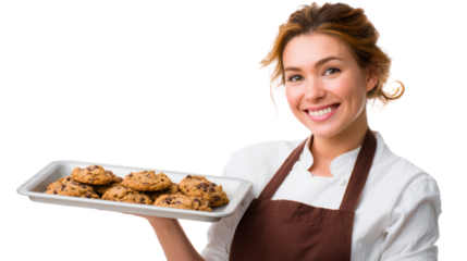 Smiling woman presenting freshly baked cookies on a tray, wearing an apron and chef's attire.