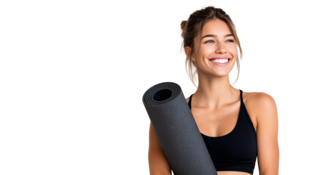 Smiling woman holding yoga mat, ready for workout or fitness session, isolated on white background.