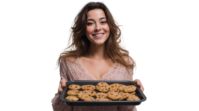 Smiling woman holding a tray of freshly baked cookies, white isolate background. - Powered by Adobe