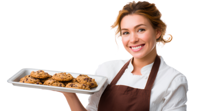 Smiling woman presenting freshly baked cookies on a tray, wearing an apron and chef's attire. - Powered by Adobe