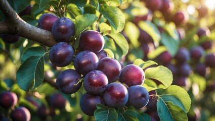 Clusters of ripe purple plums on a tree branch, surrounded by green leaves. Growing fruit and harvest concept. Nature and agricultural produce.