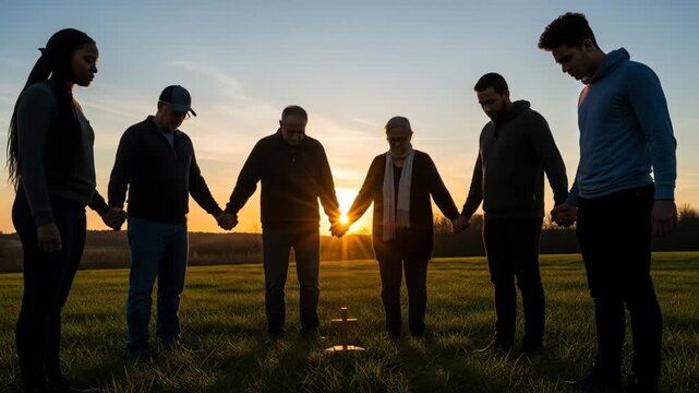 Diverse Group of People Praying at Sunset - Silhouetted against a vibrant sunset, a diverse group of people stand in a field, holding hands in a prayer circle around a small wooden cross.