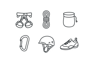 simple outline stroke icon items monoline icons style isolated on white background rock climbing (gear): harness climbing rope chalk bag carabiner helmet climbing shoes