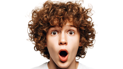 Surprised young man with curly hair expressing astonishment on a white background.