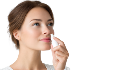 Woman applying nasal spray for relief, smiling gently, indoor setting with natural light, focus on health.