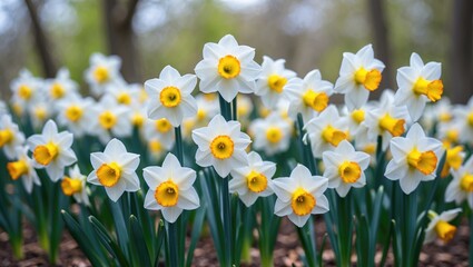 Fototapeta premium Cluster of white daffodils with yellow centers in a garden setting. Spring flowers blooming amidst greenery and trees. Bright and vibrant floral display.