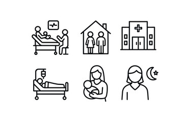 Fototapeta premium simple outline stroke icon items monoline icons style isolated on white background midwife (scenes): birth room home setting clinic hospital bed mother holding baby night shift