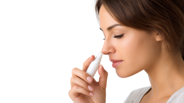 Woman applying nasal spray for allergy relief on isolated background.