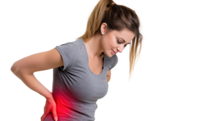 Woman experiencing back pain, focusing on discomfort, white isolate background.