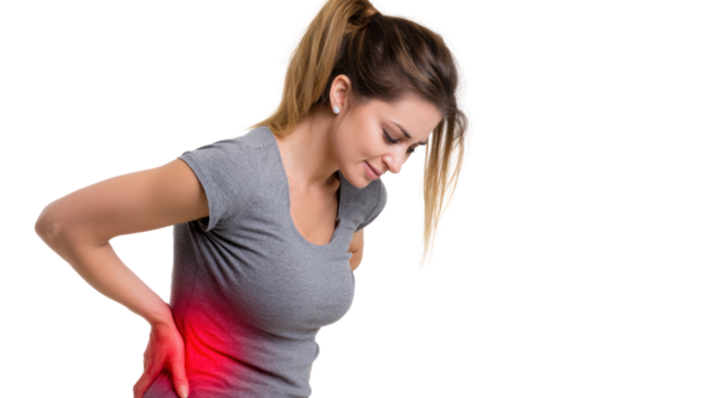 Woman experiencing back pain, focusing on discomfort, white isolate background.