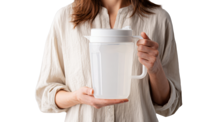 Woman holding a transparent water pitcher on a white background, promoting healthy hydration and eco-friendly choices.