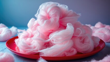 Pink cotton candy on a red plate with fluffy texture. Confectionery treat and snack. Candy floss. The image features sweet, airy treat.