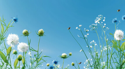 Watercolor botanical illustration of flowers against blue sky, showcasing vibrant colors and natural beauty
