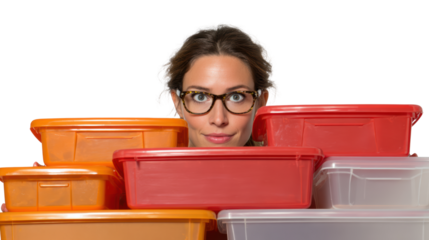 Woman with glasses peeking over colorful storage containers, white isolated background.