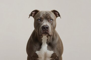 Obraz premium Studio Portrait Blue-Eyed Pit Bull, Calm Gaze, Neutral Background, Pet Adoption