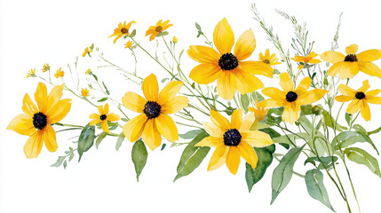 Vibrant watercolor botanical illustration featuring yellow flowers and green leaves, evoking sense of joy and nature beauty