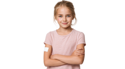 Young girl smiling confidently with arms crossed, white isolated background.