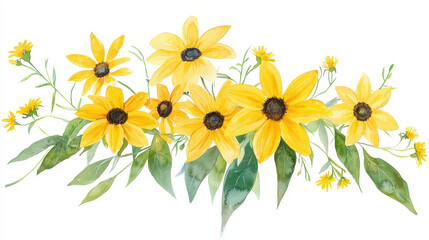 Vibrant watercolor illustration of yellow flowers with green leaves, evoking cheerful and fresh atmosphere