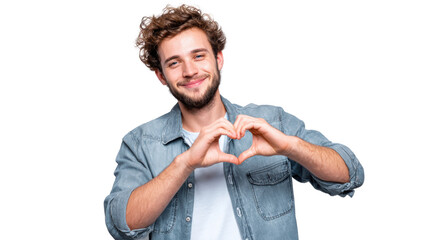 Young man showing heart shape with hands, smiling, white isolated background.