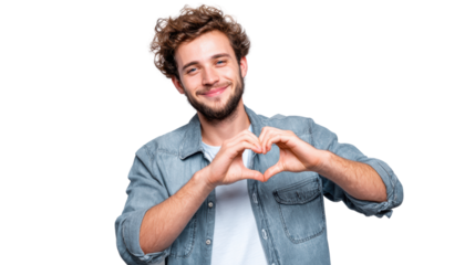Young man showing heart shape with hands, smiling, white isolated background.