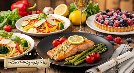 A table setting featuring a salmon fillet with asparagus, pasta dishes, berry tart, wine, lemon, pepper, and basil, showcasing a delicious and colorful meal.