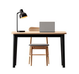 Simple wooden desk with lamp, laptop, and chair
