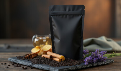 black tea bag package mock up with cinnamon 