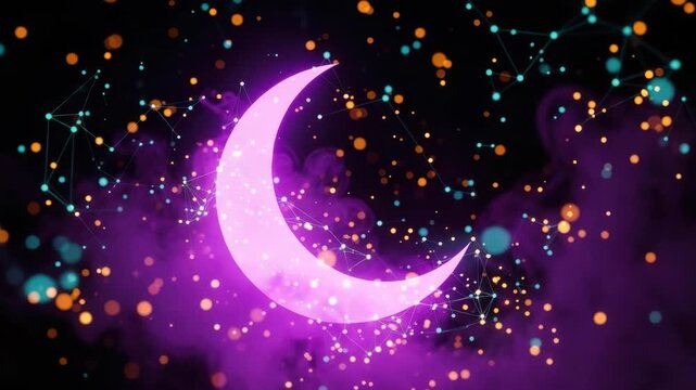 A vibrant purple crescent moon surrounded by colorful particles and cosmic elements set against a dark background evoking a mystical atmosphere ideal for fantasy-themed projects