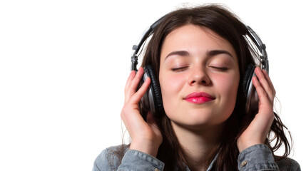 Fototapeta premium Young woman enjoying music with headphones, relaxed and immersed in her favorite tunes, white isolate background.