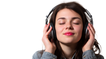 Young woman enjoying music with headphones, relaxed and immersed in her favorite tunes, white isolate background.