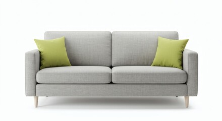 Fototapeta premium Cozy Gray Couch with Green Pillows with Minimalist Home Decor on White.