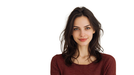 Young woman with long hair smiling, wearing a casual top, isolated on a white background.