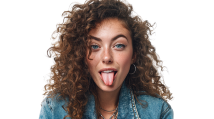 Young woman with curly hair playfully sticking her tongue out against a transparent background.