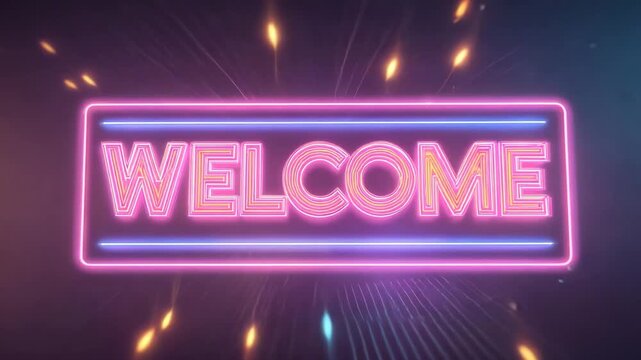 Radiant pink and purple text "WELCOME" floating in space with a glowing trail and shimmering celebration lights,