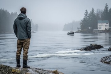 Fototapeta premium Standing on a rock surrounded by water, a serene and peaceful scene - Balance