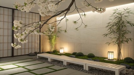 zen Japanese inspired courtyard with stone path and modern benches beneath a cherry blossom tree