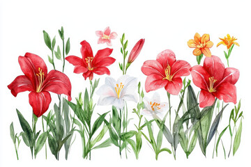 Watercolor botanical illustration of vibrant flowers in various colors, showcasing beauty and nature elegance